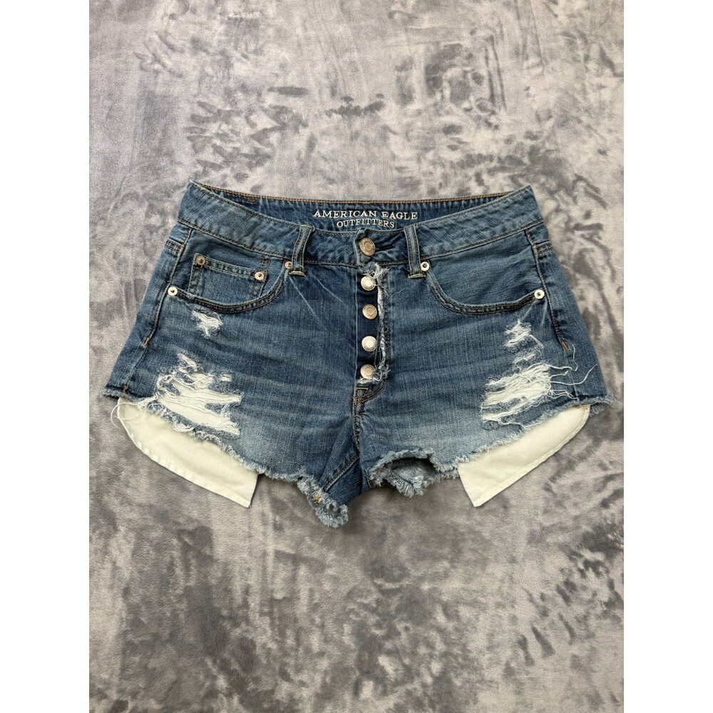 American Eagle Jean Shorts Womens 6 Blue Hi-Rise Festival Cut Off Button Fly